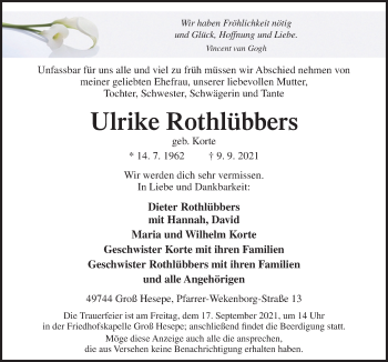 Traueranzeige von Ulrike Rothlübbers von Neue Osnabrücker Zeitung GmbH & Co. KG