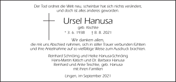 Traueranzeige von Ursel Hanusa von Neue Osnabrücker Zeitung GmbH & Co. KG
