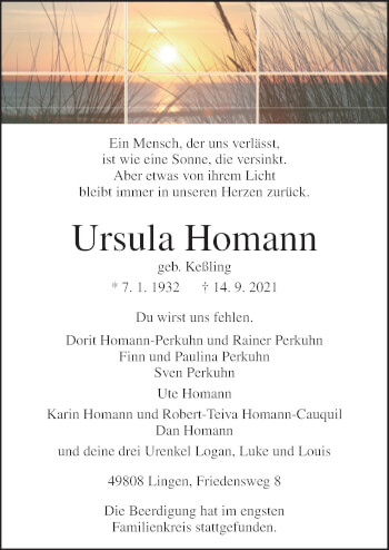 Traueranzeige von Ursula Homann von Neue Osnabrücker Zeitung GmbH & Co. KG