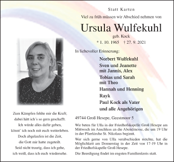 Traueranzeige von Ursula Wulfekuhl von Neue Osnabrücker Zeitung GmbH & Co. KG