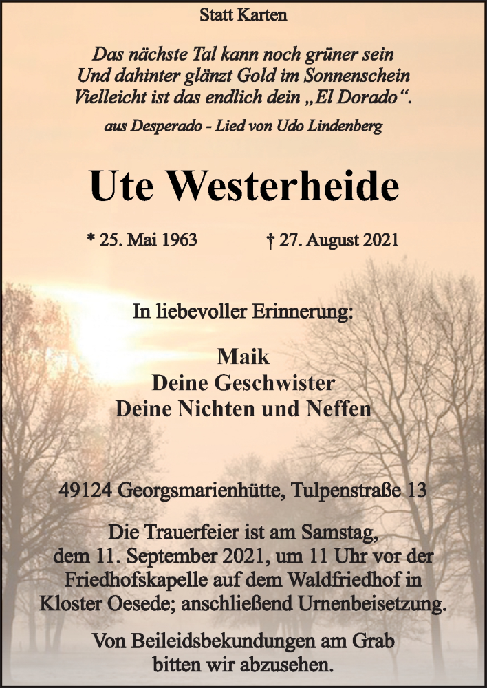 Traueranzeige für Ute Westerheide vom 04.09.2021 aus Neue Osnabrücker Zeitung GmbH & Co. KG
