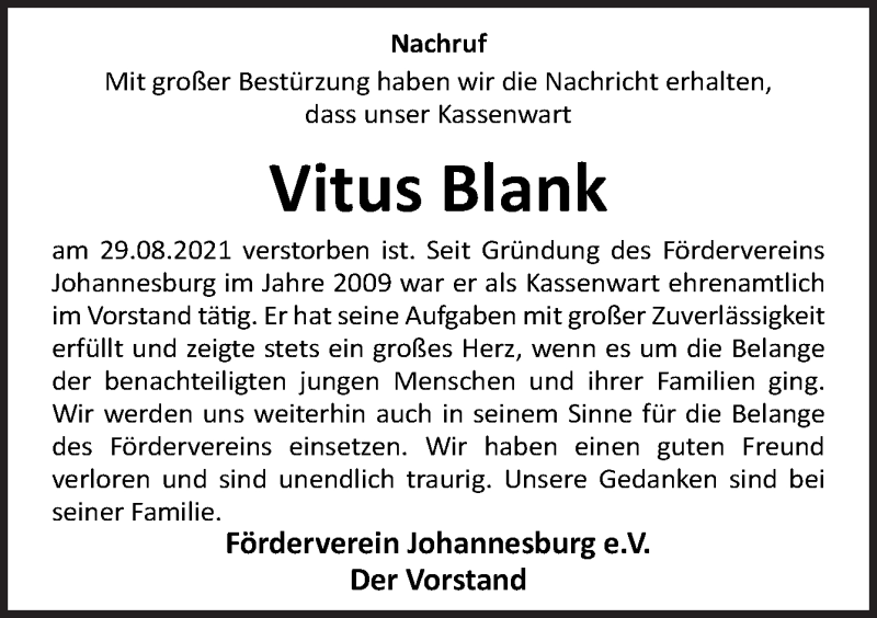  Traueranzeige für Vitus Blank vom 08.09.2021 aus Neue Osnabrücker Zeitung GmbH & Co. KG