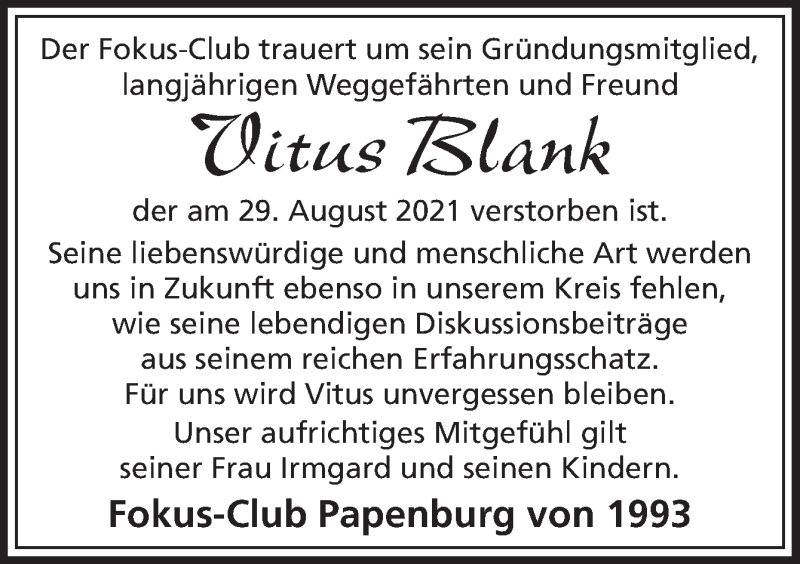  Traueranzeige für Vitus Blank vom 08.09.2021 aus Neue Osnabrücker Zeitung GmbH & Co. KG
