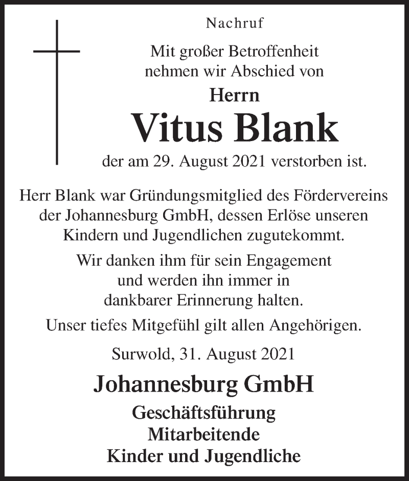  Traueranzeige für Vitus Blank vom 07.09.2021 aus Neue Osnabrücker Zeitung GmbH & Co. KG