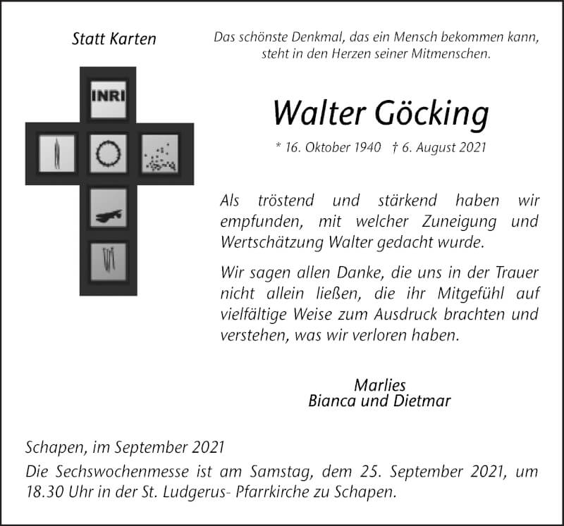  Traueranzeige für Walter Göcking vom 18.09.2021 aus Neue Osnabrücker Zeitung GmbH & Co. KG