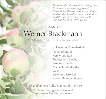 Traueranzeige von Werner Brackmann von Neue Osnabrücker Zeitung GmbH & Co. KG
