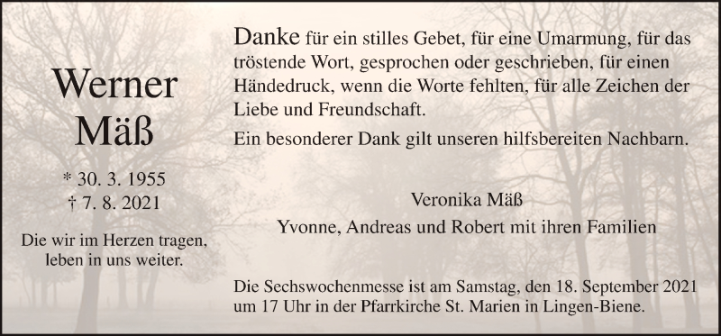  Traueranzeige für Werner Mäß vom 15.09.2021 aus Neue Osnabrücker Zeitung GmbH & Co. KG