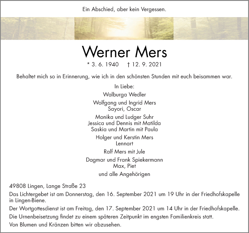  Traueranzeige für Werner Mers vom 16.09.2021 aus Neue Osnabrücker Zeitung GmbH & Co. KG