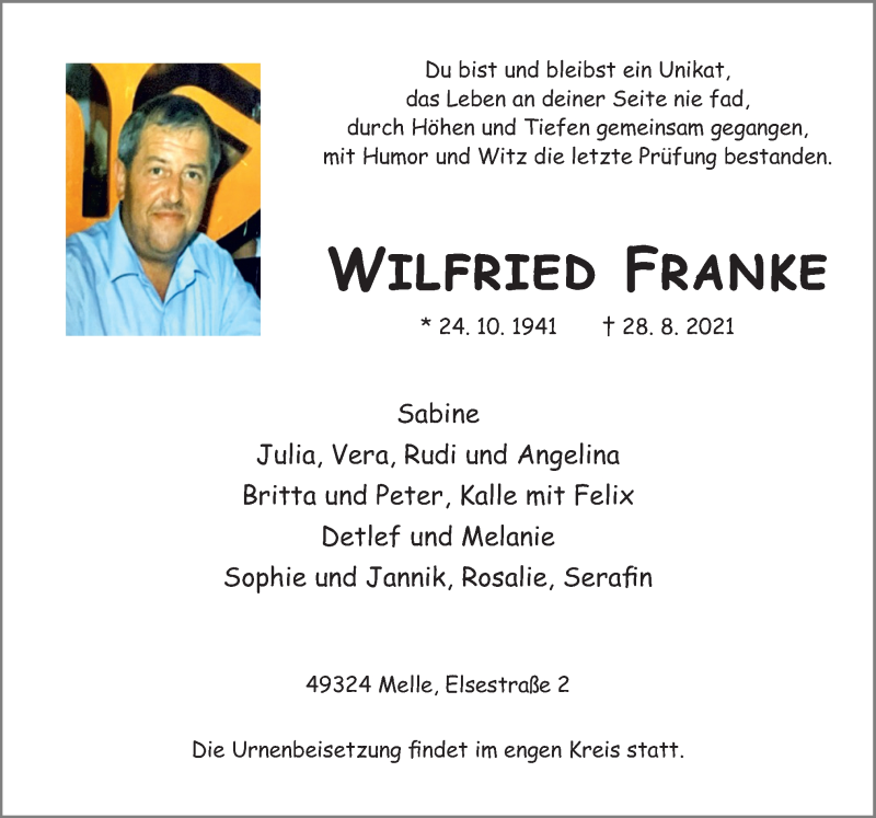  Traueranzeige für Wilfried Franke vom 04.09.2021 aus Neue Osnabrücker Zeitung GmbH & Co. KG