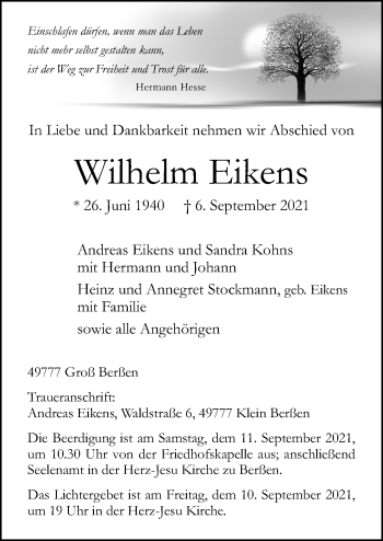 Traueranzeige von Wilhelm Eikens von Neue Osnabrücker Zeitung GmbH & Co. KG