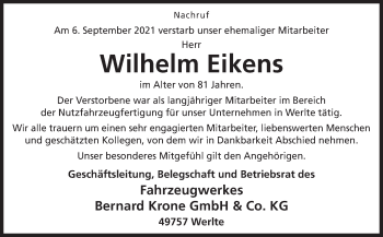 Traueranzeige von Wilhelm Eikens von Neue Osnabrücker Zeitung GmbH & Co. KG