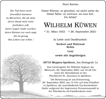 Traueranzeige von Wilhelm Küwen von Neue Osnabrücker Zeitung GmbH & Co. KG