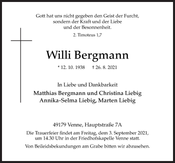 Traueranzeige von Willi Bergmann von Neue Osnabrücker Zeitung GmbH & Co. KG