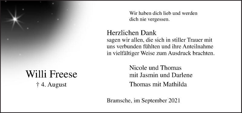  Traueranzeige für Willi Freese vom 11.09.2021 aus Neue Osnabrücker Zeitung GmbH & Co. KG