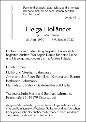 Traueranzeige von Helga Holländer von Neue Osnabrücker Zeitung GmbH & Co. KG