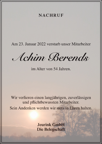 Traueranzeige von Achim Berends von Neue Osnabrücker Zeitung GmbH & Co. KG