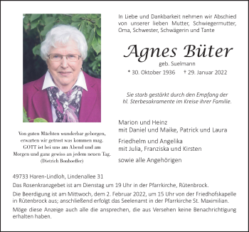 Traueranzeige von Agnes Büter von Neue Osnabrücker Zeitung GmbH & Co. KG