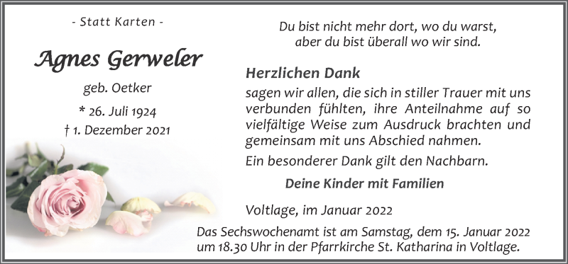  Traueranzeige für Agnes Gerweler vom 11.01.2022 aus Neue Osnabrücker Zeitung GmbH & Co. KG