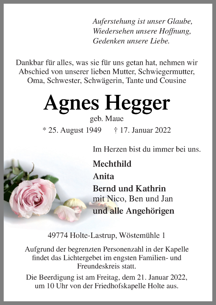  Traueranzeige für Agnes Hegger vom 19.01.2022 aus Neue Osnabrücker Zeitung GmbH & Co. KG