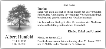 Traueranzeige von Albert Hunfeld von Neue Osnabrücker Zeitung GmbH & Co. KG