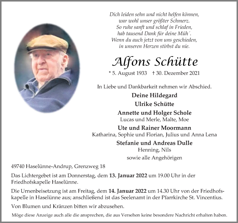  Traueranzeige für Alfons Schütte vom 03.01.2022 aus Neue Osnabrücker Zeitung GmbH & Co. KG