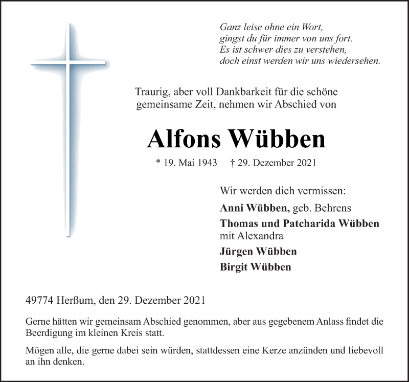  Traueranzeige für Alfons Wübben vom 03.01.2022 aus Neue Osnabrücker Zeitung GmbH & Co. KG