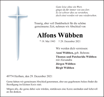 Traueranzeige von Alfons Wübben von Neue Osnabrücker Zeitung GmbH & Co. KG