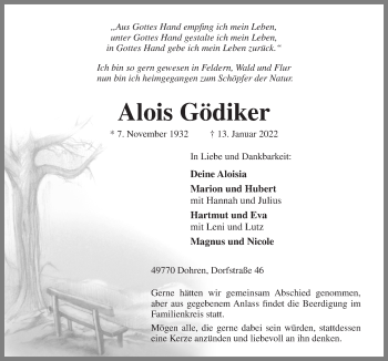 Traueranzeige von Alois Gödiker von Neue Osnabrücker Zeitung GmbH & Co. KG