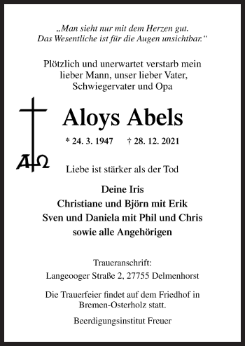 Traueranzeige von Aloys Abels von Neue Osnabrücker Zeitung GmbH & Co. KG