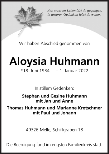 Traueranzeige von Aloysia Huhmann von Neue Osnabrücker Zeitung GmbH & Co. KG