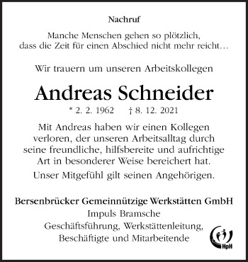 Traueranzeige von Andreas Schneider von Neue Osnabrücker Zeitung GmbH & Co. KG