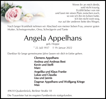 Traueranzeige von Angela Appelhans von Neue Osnabrücker Zeitung GmbH & Co. KG