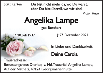 Traueranzeige von Angelika Lampe von Neue Osnabrücker Zeitung GmbH & Co. KG