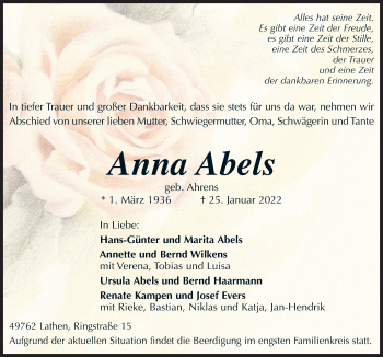 Traueranzeige von Anna Abels von Neue Osnabrücker Zeitung GmbH & Co. KG