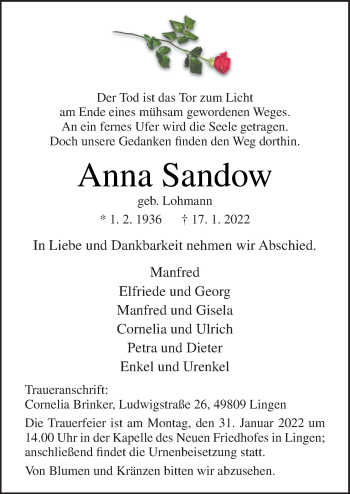 Traueranzeige von Anna Sandow von Neue Osnabrücker Zeitung GmbH & Co. KG
