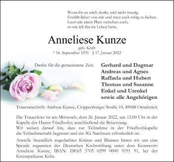 Traueranzeige von Anneliese Kunze von Neue Osnabrücker Zeitung GmbH & Co. KG