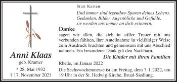 Traueranzeige von Anni Klaas von Neue Osnabrücker Zeitung GmbH & Co. KG