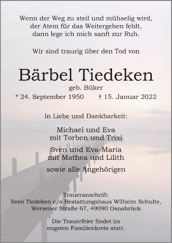 Traueranzeige von Bärbel Tiedeken von Neue Osnabrücker Zeitung GmbH & Co. KG