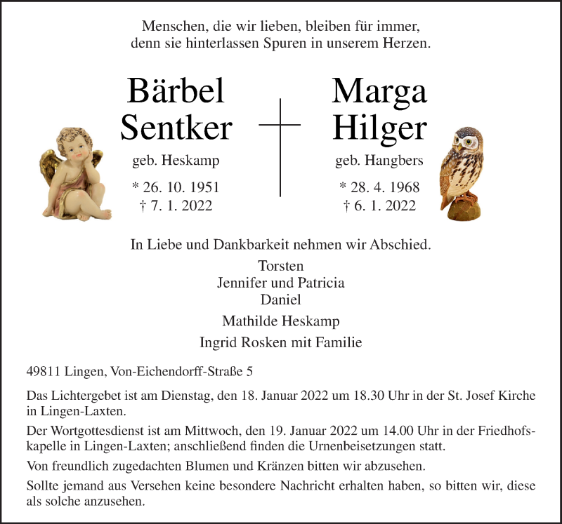  Traueranzeige für Bärbel und Marga Sentker und Hilger vom 15.01.2022 aus Neue Osnabrücker Zeitung GmbH & Co. KG
