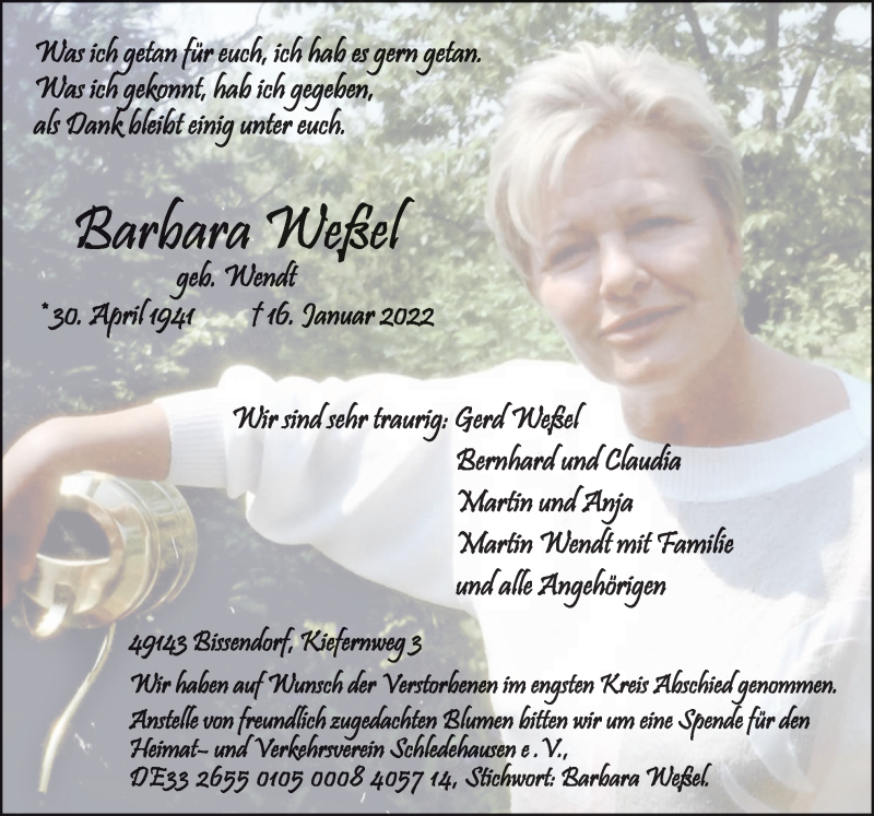  Traueranzeige für Barbara Weßel vom 28.01.2022 aus Neue Osnabrücker Zeitung GmbH & Co. KG
