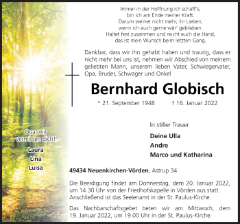 Traueranzeige von Bernhard Globisch von Neue Osnabrücker Zeitung GmbH & Co. KG