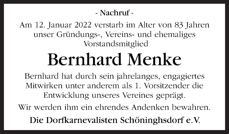  Traueranzeige für Bernhard Menke vom 15.01.2022 aus Neue Osnabrücker Zeitung GmbH & Co. KG