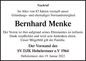 Traueranzeige von Bernhard Menke von Neue Osnabrücker Zeitung GmbH & Co. KG