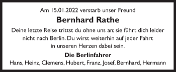 Traueranzeige von Bernhard Rathe von Neue Osnabrücker Zeitung GmbH & Co. KG