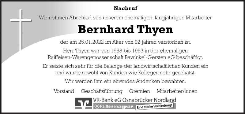  Traueranzeige für Bernhard Thyen vom 29.01.2022 aus Neue Osnabrücker Zeitung GmbH & Co. KG