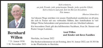 Traueranzeige von Bernhard Willen von Neue Osnabrücker Zeitung GmbH & Co. KG