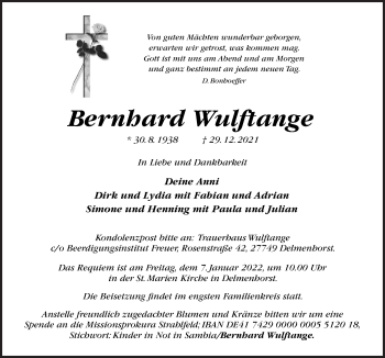 Traueranzeige von Bernhard Wulftange von Neue Osnabrücker Zeitung GmbH & Co. KG