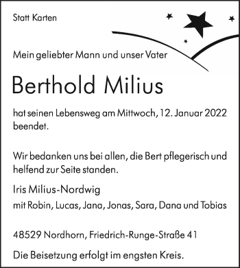 Traueranzeige von Berthold Milius von Neue Osnabrücker Zeitung GmbH & Co. KG