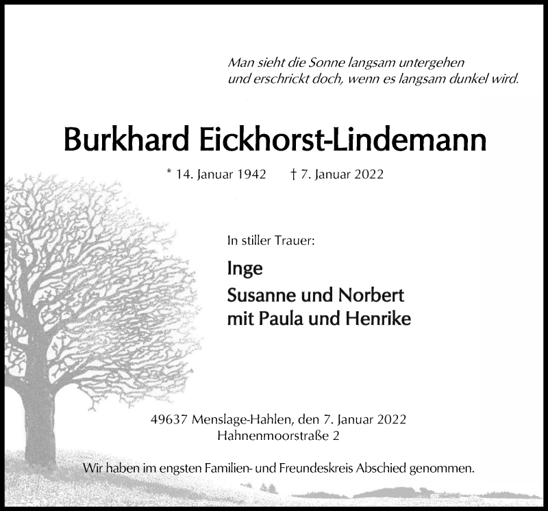  Traueranzeige für Burkhard Eickhorst-Lindemann vom 14.01.2022 aus Neue Osnabrücker Zeitung GmbH & Co. KG