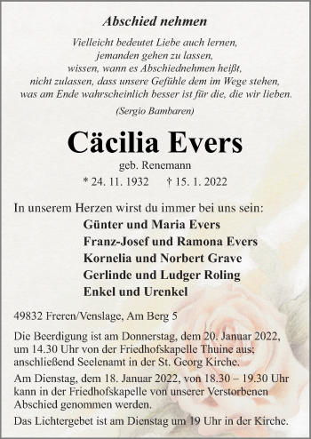 Traueranzeige von Cäcilia Evers von Neue Osnabrücker Zeitung GmbH & Co. KG
